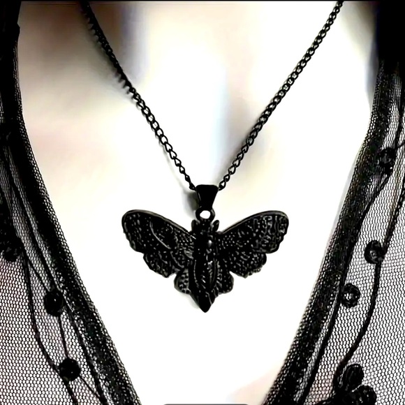 Jewelry - Butterfly Moth Goth Black Skull Emo Steampunk Vintage Inspired Pendant Necklace
